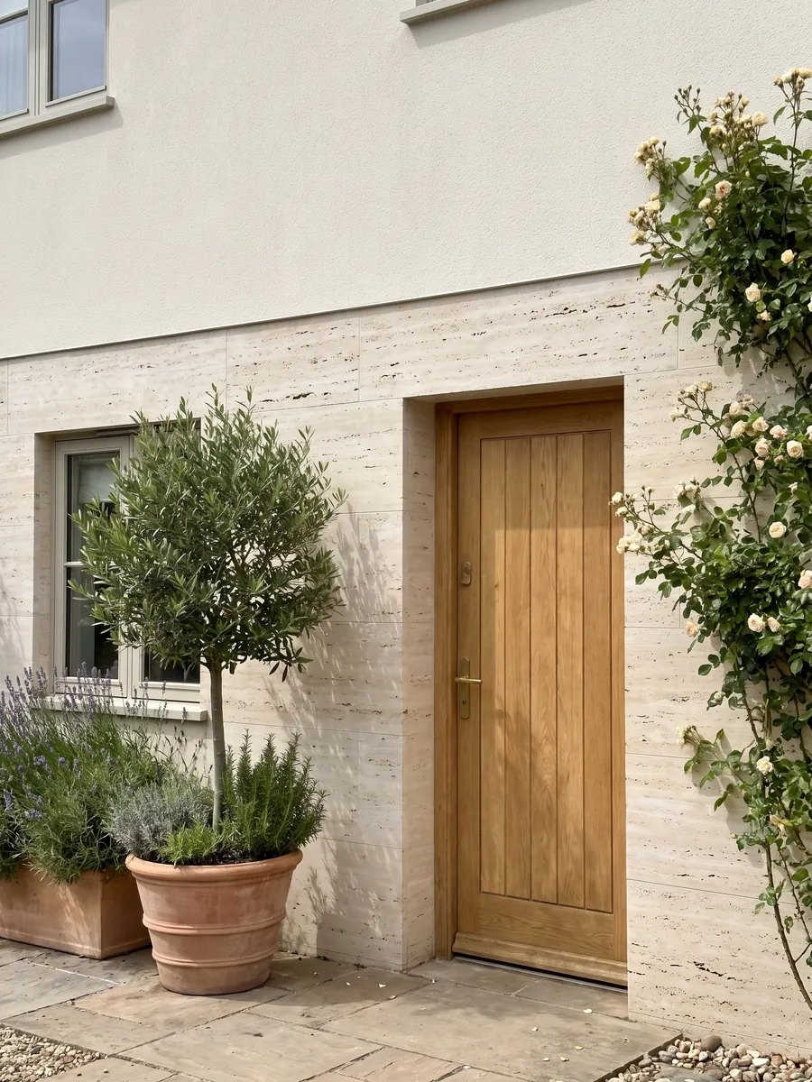 Fachada de casa revestida con travertino beige Romano Claro junto a una puerta de madera: crema claro con líneas horizontales finas y pequeños poros alineados