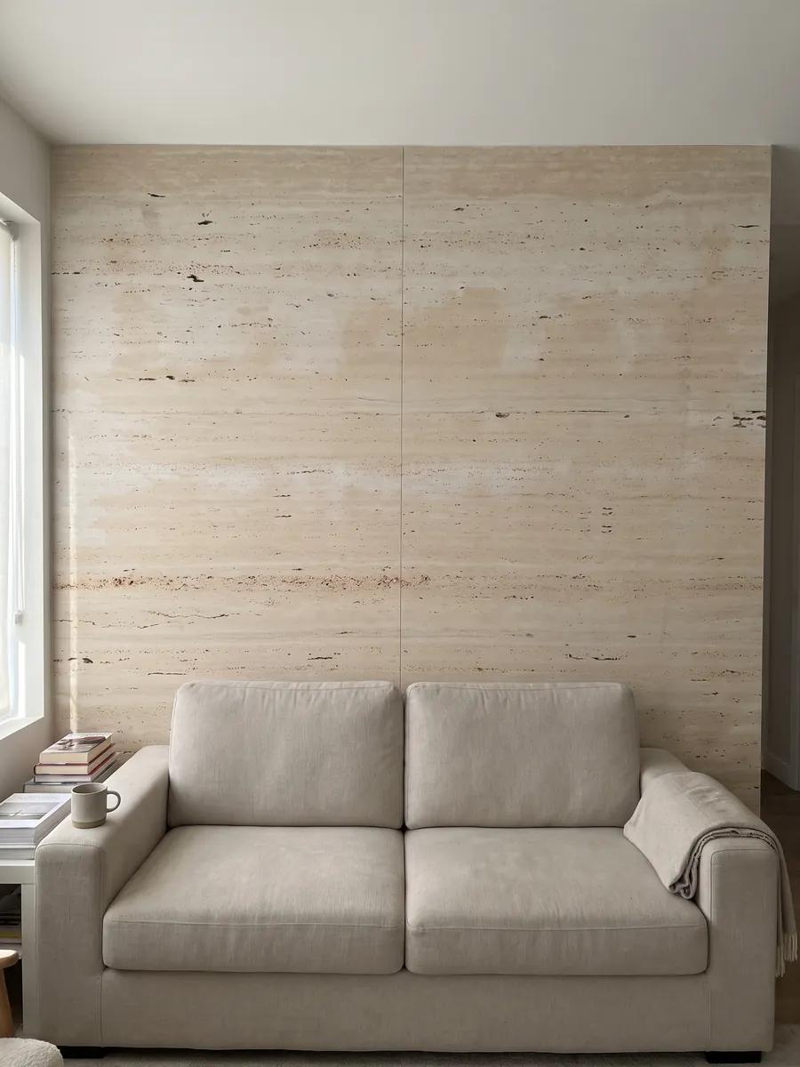 Pared de sala revestida con placas de travertino beige Romano Claro abiertas en libro detrás de un sofá: crema claro con líneas horizontales finas y pequeños poros alineados