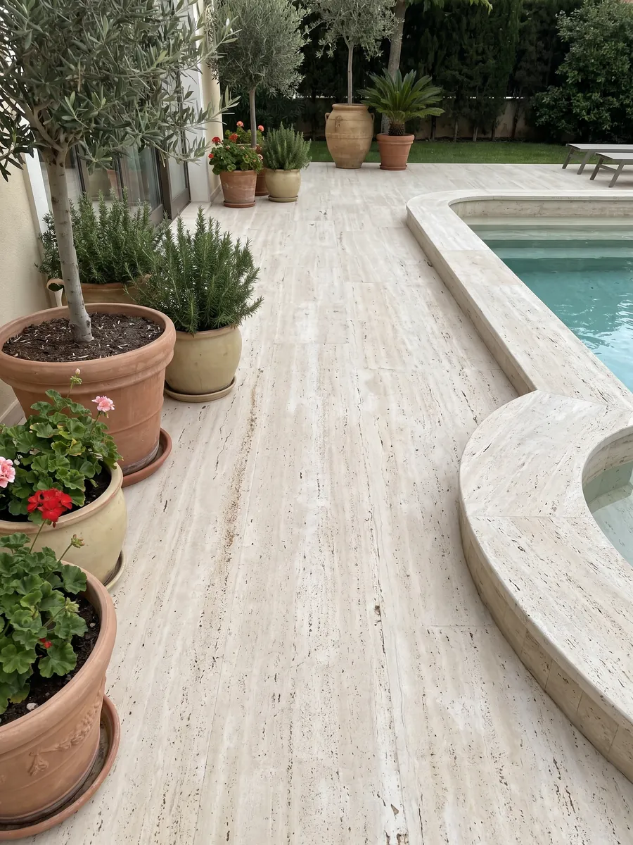 Piso de terraza y borde de piscina en travertino beige Romano Claro con macetas: crema claro con líneas horizontales finas y pequeños poros alineados