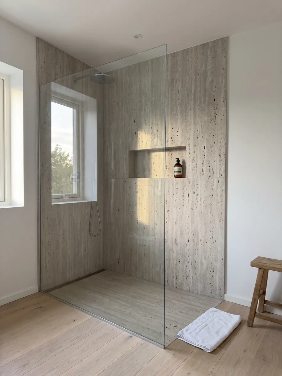 Ducha revestida con placas enteras de travertino beige Romano con nicho empotrado: beige grisáceo claro con muchos agujeros abiertos de distintos tamaños