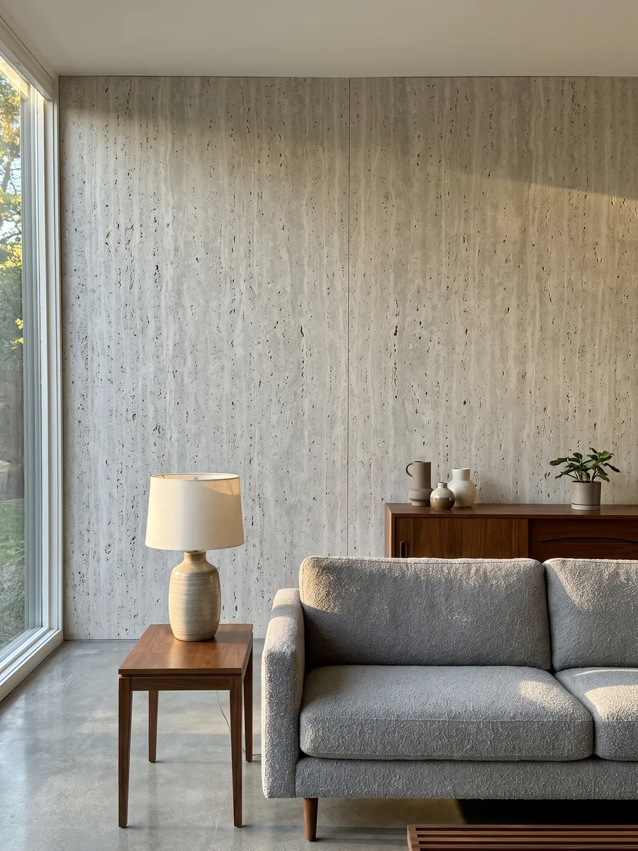 Pared de sala revestida con placas de travertino beige Romano abiertas en libro detrás de un sofá: beige grisáceo claro con muchos agujeros abiertos de distintos tamaños