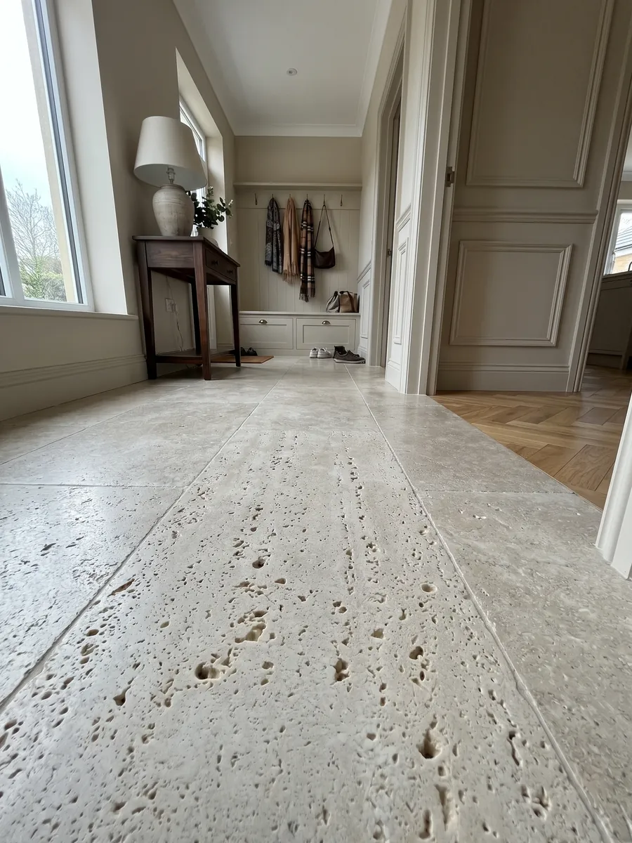 Piso de recibidor en placas grandes de travertino beige Romano con luz natural: beige grisáceo claro con muchos agujeros abiertos de distintos tamaños