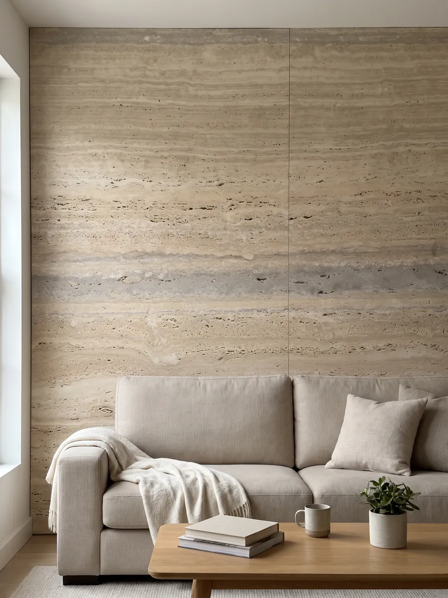 Pared de sala revestida con placas de travertino beige Striato abiertas en libro detrás de un sofá: beige con franjas horizontales finas y alguna banda gris más ancha
