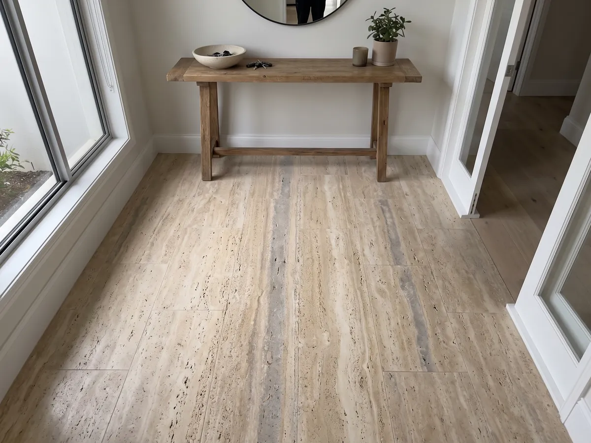 Piso de recibidor en placas grandes de travertino beige Striato con luz natural: beige con franjas horizontales finas y alguna banda gris más ancha