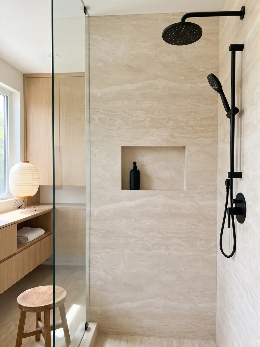 Ducha revestida con placas enteras de Travertino Blanco con nicho empotrado: crema marfil muy uniforme con ondas suaves apenas visibles