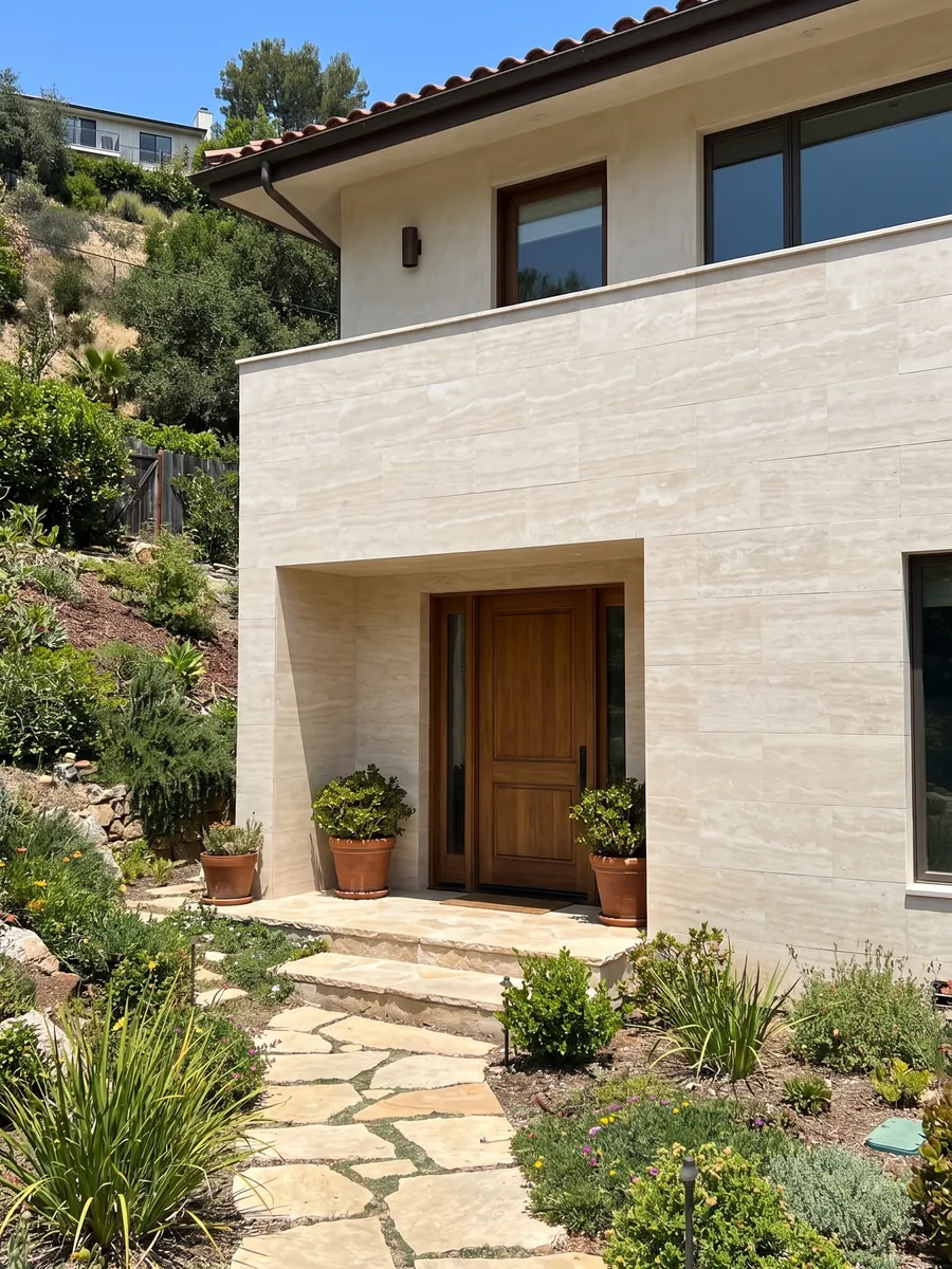 Fachada de casa revestida con Travertino Blanco junto a una puerta de madera: crema marfil muy uniforme con ondas suaves apenas visibles