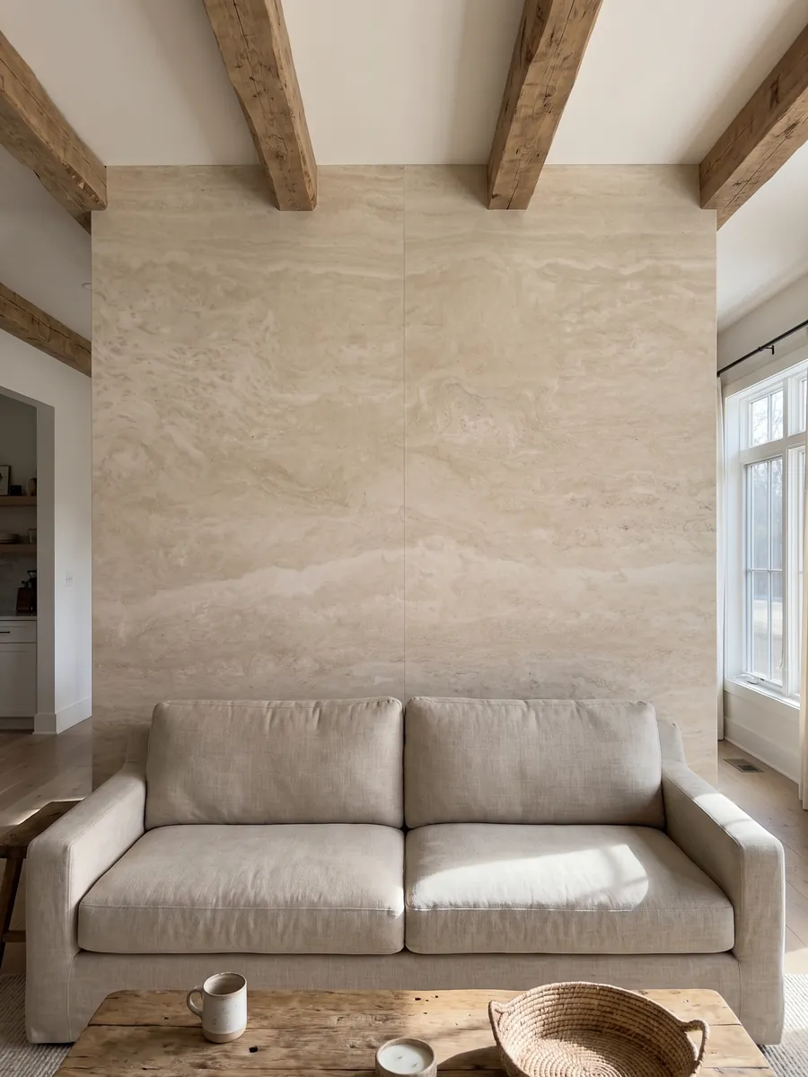 Pared de sala revestida con placas de Travertino Blanco abiertas en libro detrás de un sofá: crema marfil muy uniforme con ondas suaves apenas visibles