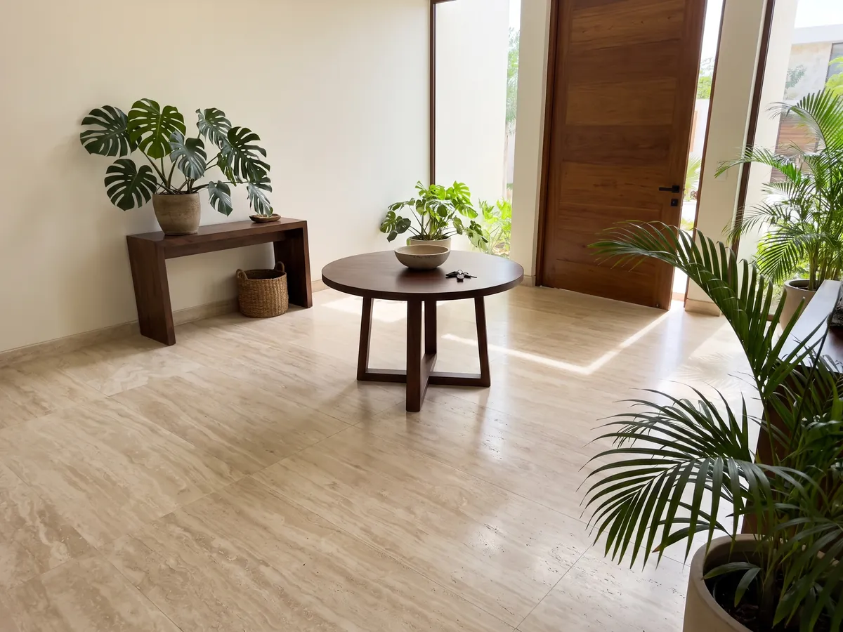 Piso de recibidor en placas grandes de Travertino Blanco con luz natural: crema marfil muy uniforme con ondas suaves apenas visibles