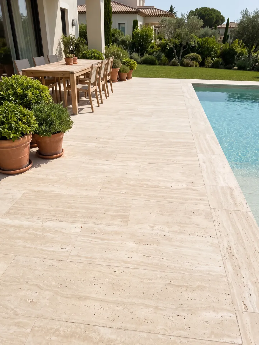 Piso de terraza y borde de piscina en Travertino Blanco con macetas: crema marfil muy uniforme con ondas suaves apenas visibles