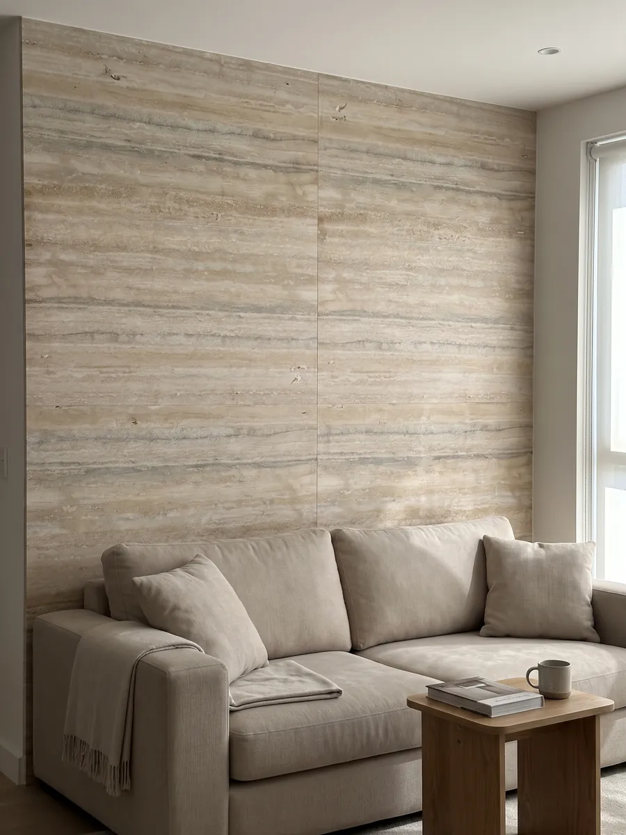 Pared de sala revestida con placas de travertino gris Ocean Silver abiertas en libro detrás de un sofá: franjas horizontales finas beige y grises con algunos poros