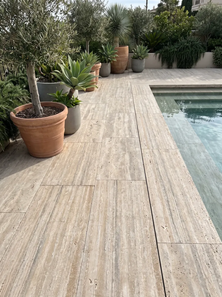 Piso de terraza y borde de piscina en travertino gris Ocean Silver con macetas: franjas horizontales finas beige y grises con algunos poros