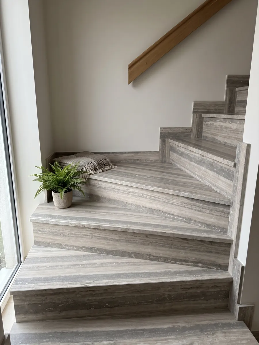Escalera interior con peldaños de travertino gris Silver con pasamanos: franjas horizontales anchas gris y beige claro, ordenadas y paralelas