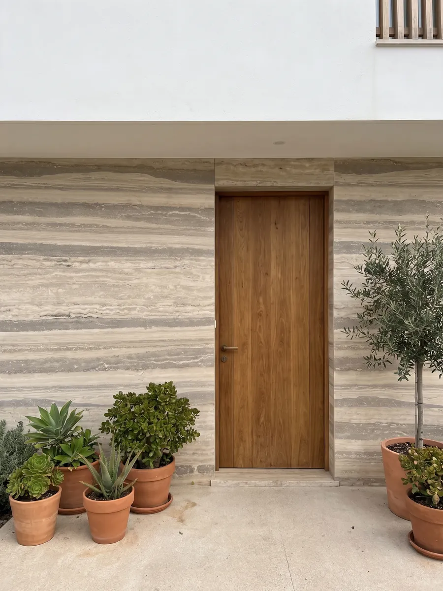Fachada de casa revestida con travertino gris Silver junto a una puerta de madera: franjas horizontales anchas gris y beige claro, ordenadas y paralelas