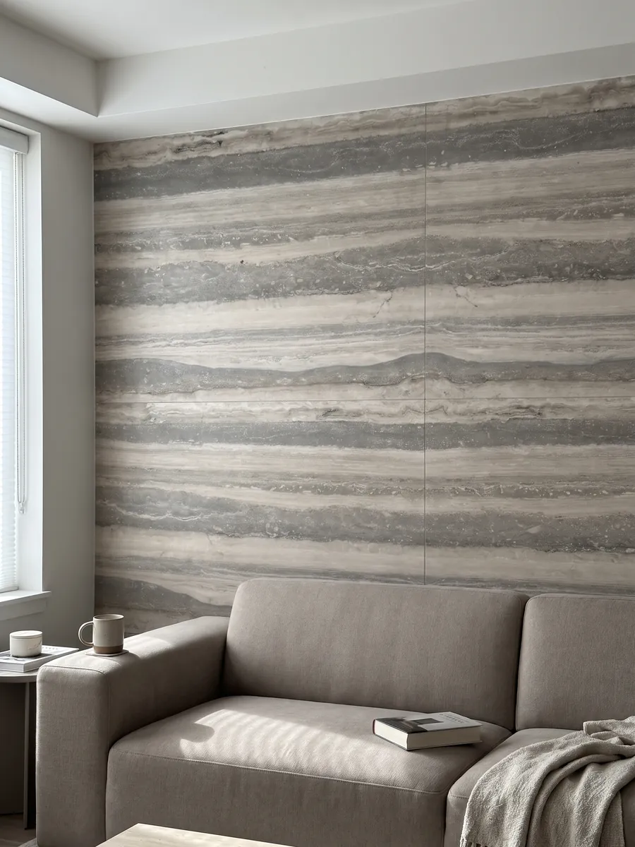 Pared de sala revestida con placas de travertino gris Silver abiertas en libro detrás de un sofá: franjas horizontales anchas gris y beige claro, ordenadas y paralelas