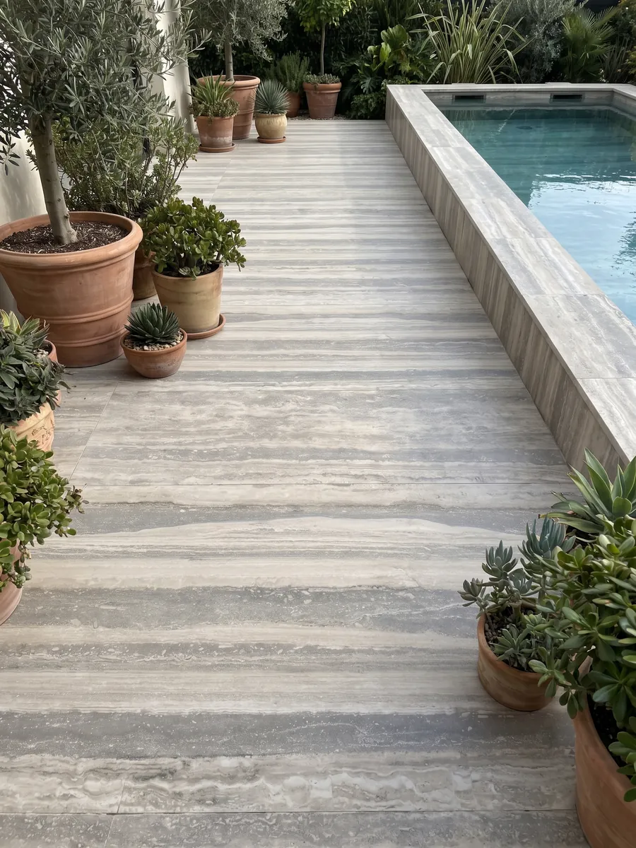 Piso de terraza y borde de piscina en travertino gris Silver con macetas: franjas horizontales anchas gris y beige claro, ordenadas y paralelas
