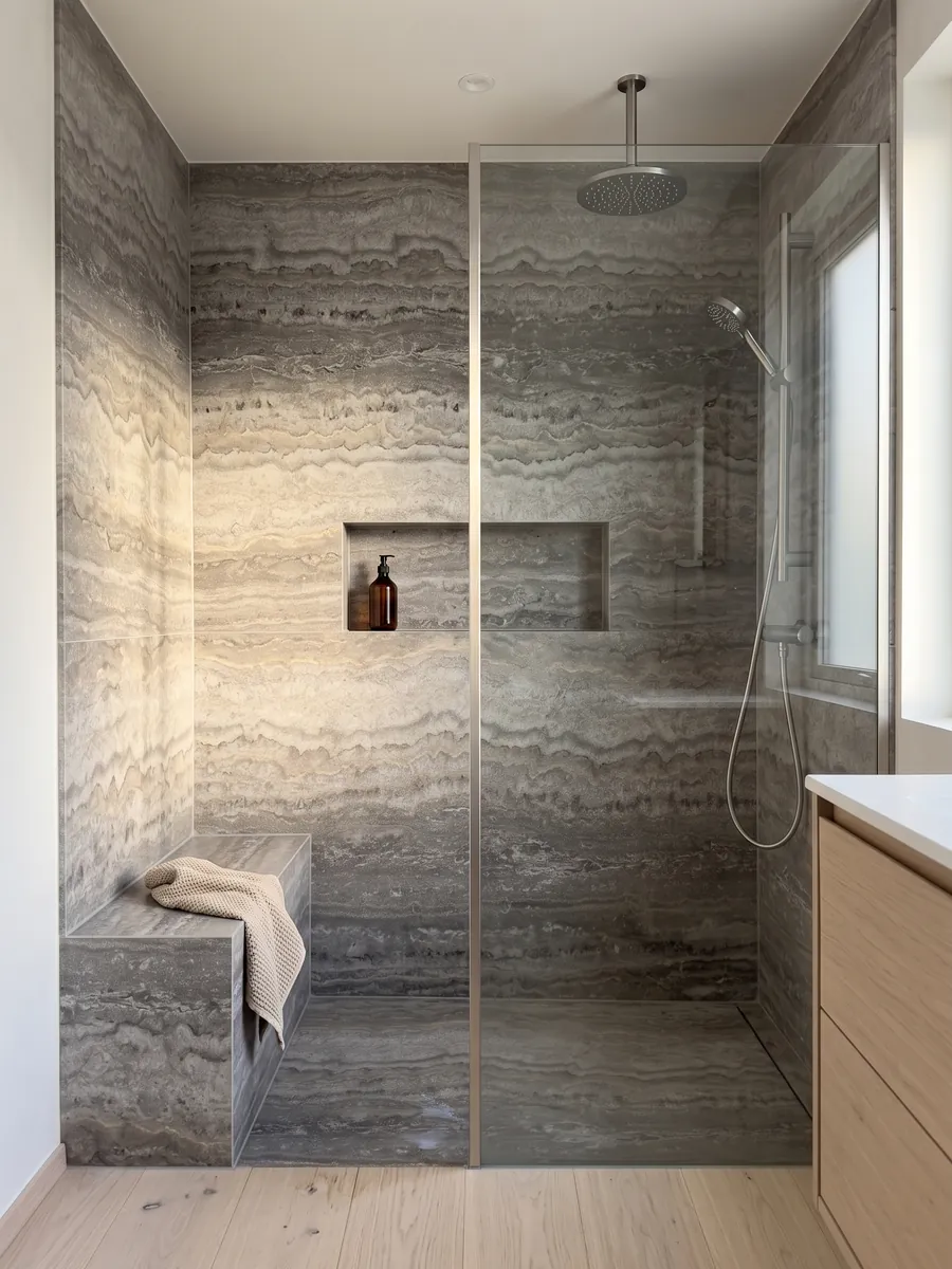 Ducha revestida con placas enteras de travertino gris Titanium con nicho empotrado: gris con bandas horizontales onduladas que pasan de claro a oscuro