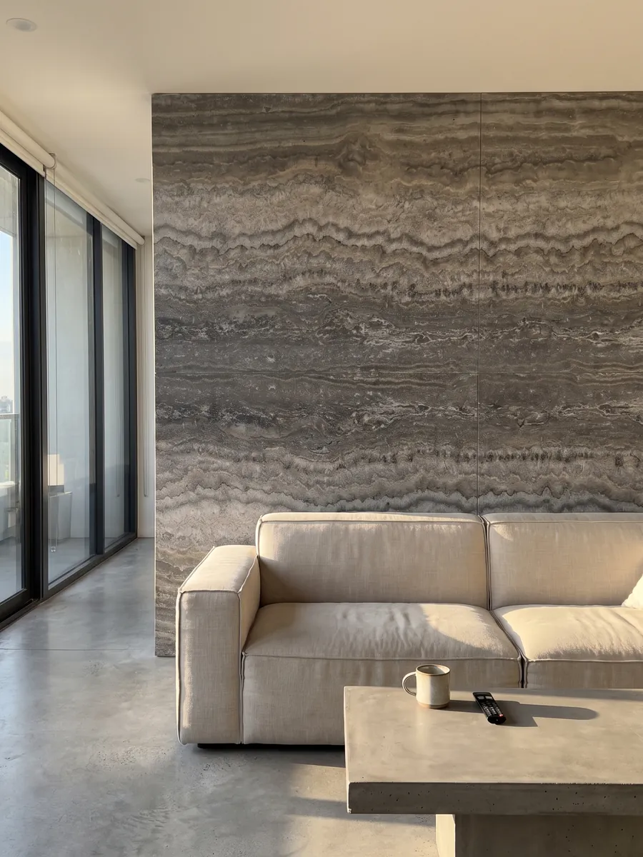 Pared de sala revestida con placas de travertino gris Titanium abiertas en libro detrás de un sofá: gris con bandas horizontales onduladas que pasan de claro a oscuro