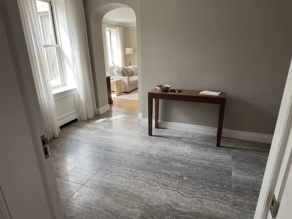 Piso de recibidor en placas grandes de travertino gris Titanium con luz natural: gris con bandas horizontales onduladas que pasan de claro a oscuro