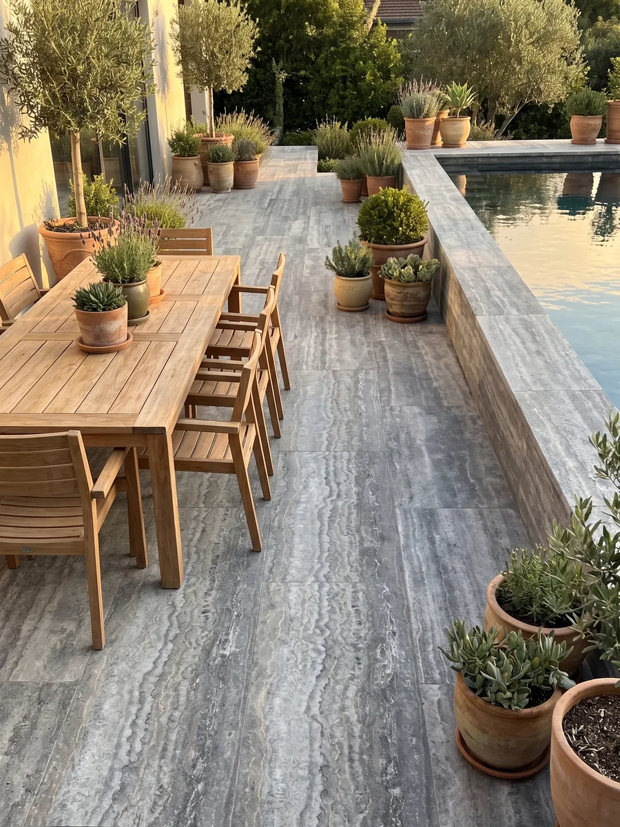 Piso de terraza y borde de piscina en travertino gris Titanium con macetas: gris con bandas horizontales onduladas que pasan de claro a oscuro
