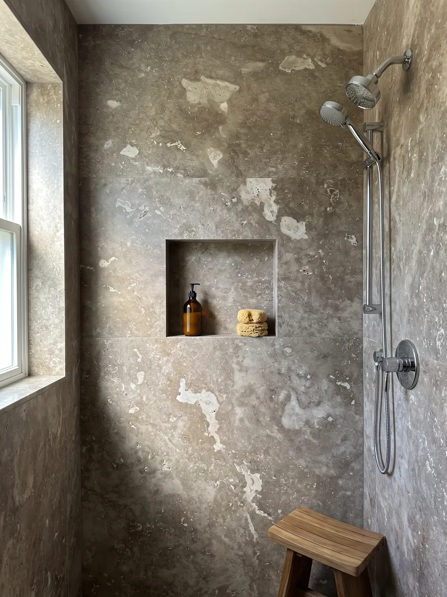 Ducha revestida con placas enteras de travertino marrón Noce con nicho empotrado: marrón grisáceo con manchas claras irregulares y poros visibles