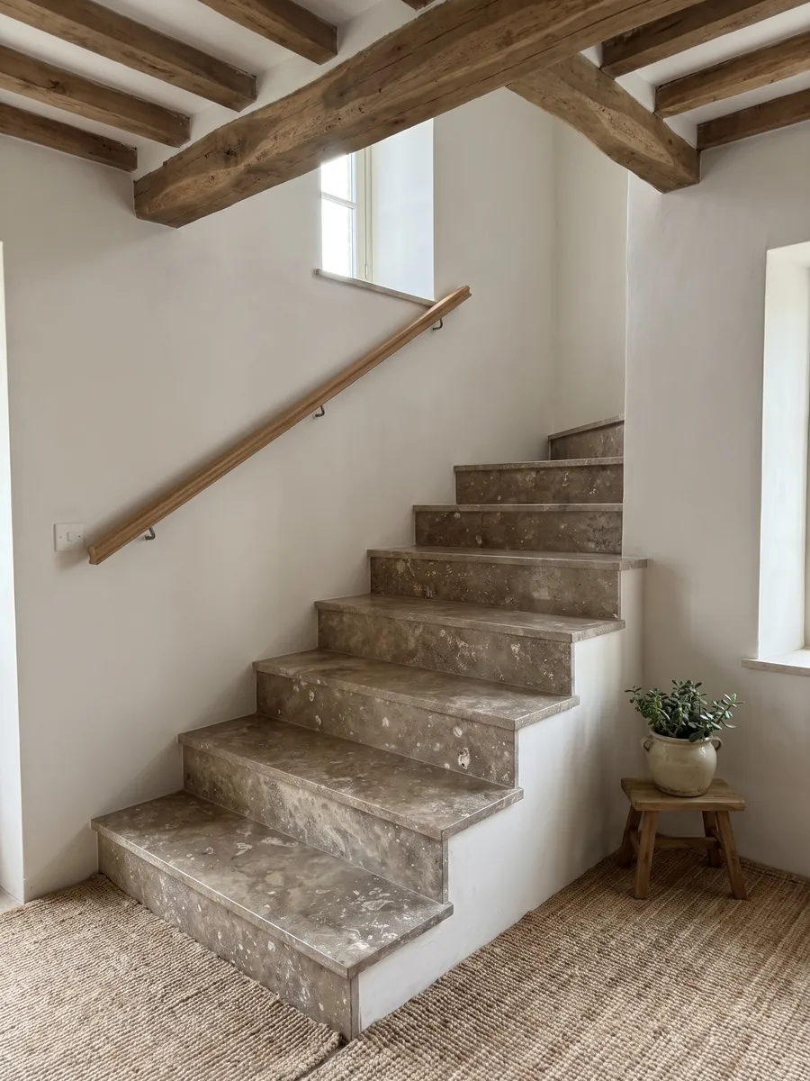 Escalera interior con peldaños de travertino marrón Noce con pasamanos: marrón grisáceo con manchas claras irregulares y poros visibles