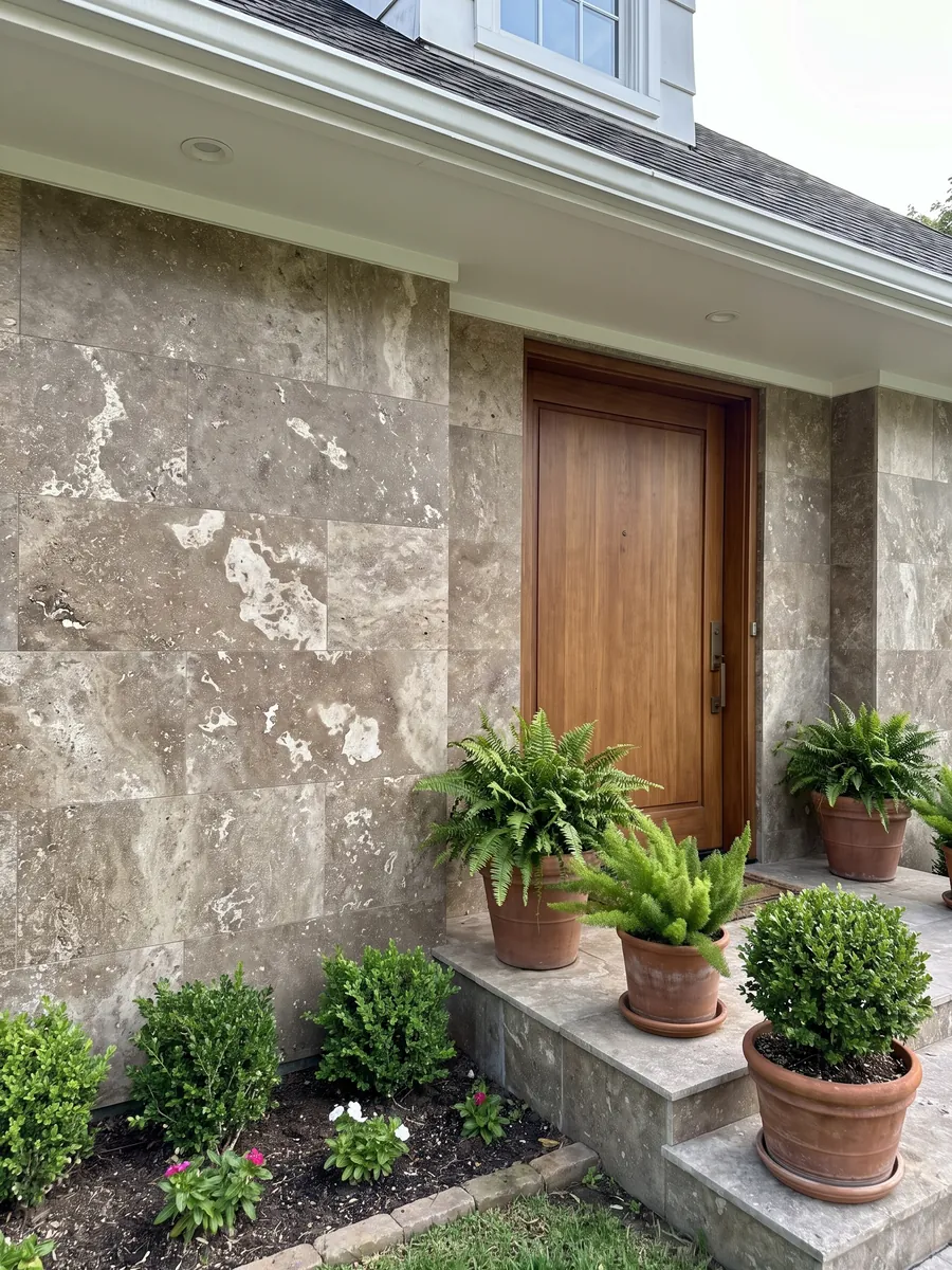 Fachada de casa revestida con travertino marrón Noce junto a una puerta de madera: marrón grisáceo con manchas claras irregulares y poros visibles