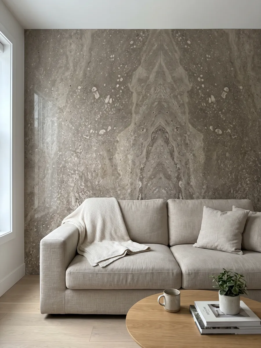 Pared de sala revestida con placas de travertino marrón Noce abiertas en libro detrás de un sofá: marrón grisáceo con manchas claras irregulares y poros visibles