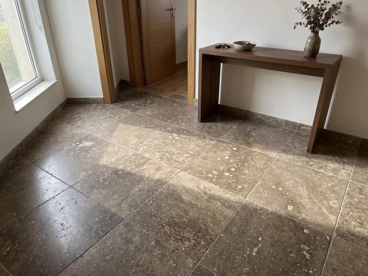 Piso de recibidor en placas grandes de travertino marrón Noce con luz natural: marrón grisáceo con manchas claras irregulares y poros visibles