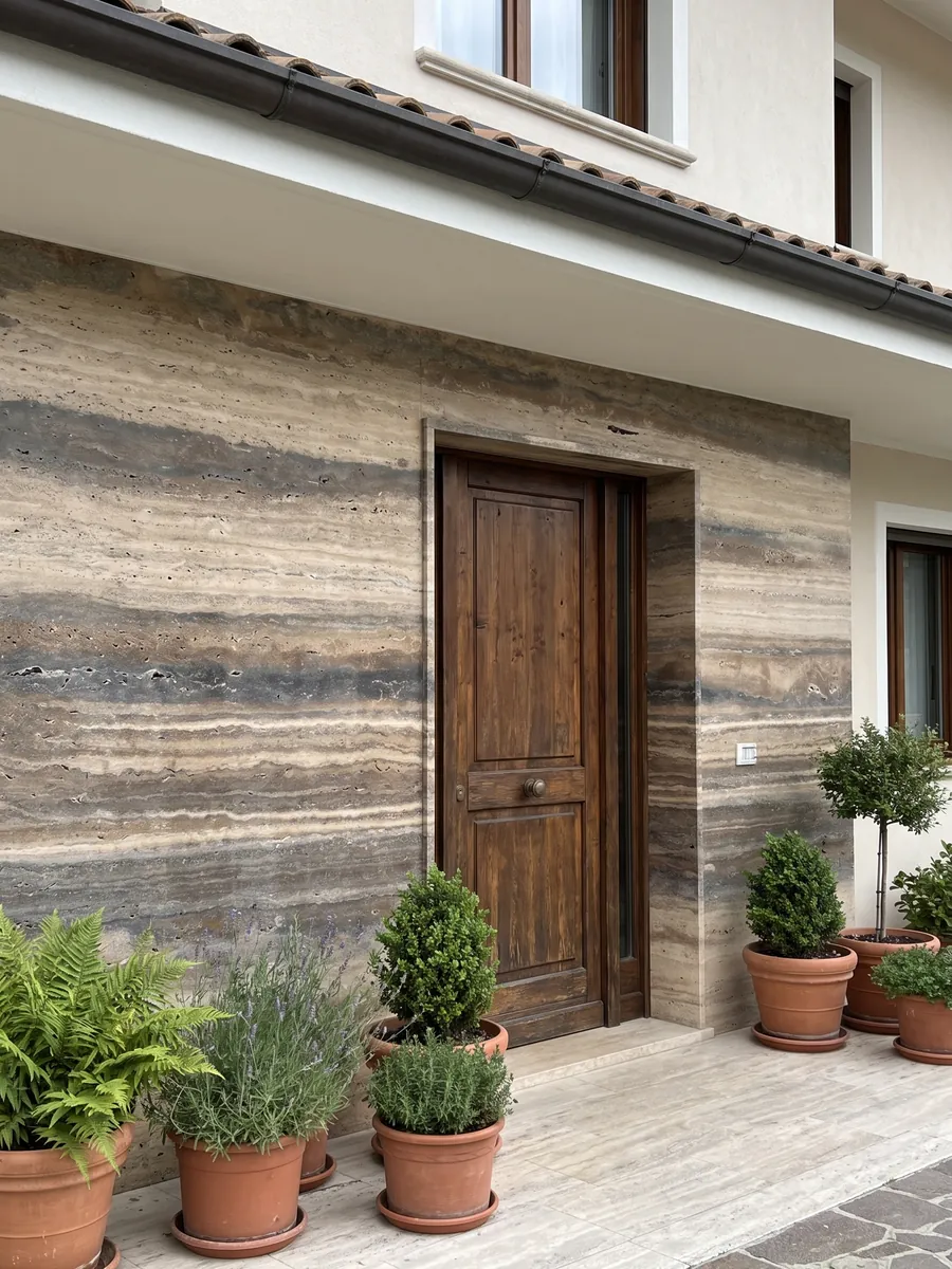 Fachada de casa revestida con travertino marrón Oscuro Silver junto a una puerta de madera: franjas horizontales marrones y beige muy marcadas a lo largo de la placa