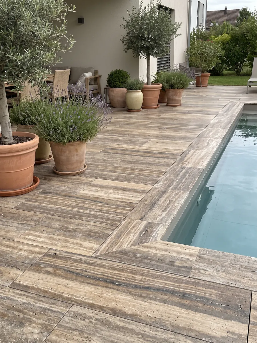 Piso de terraza y borde de piscina en travertino marrón Oscuro Silver con macetas: franjas horizontales marrones y beige muy marcadas a lo largo de la placa