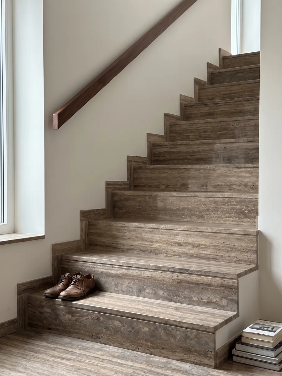 Escalera interior con peldaños de travertino marrón Pantheon con pasamanos: marrón con franjas horizontales finas y paralelas más claras
