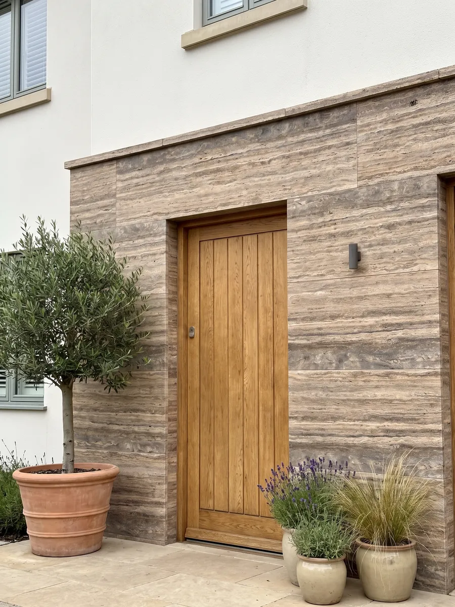 Fachada de casa revestida con travertino marrón Pantheon junto a una puerta de madera: marrón con franjas horizontales finas y paralelas más claras