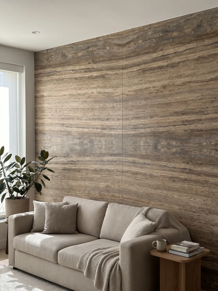 Pared de sala revestida con placas de travertino marrón Pantheon abiertas en libro detrás de un sofá: marrón con franjas horizontales finas y paralelas más claras