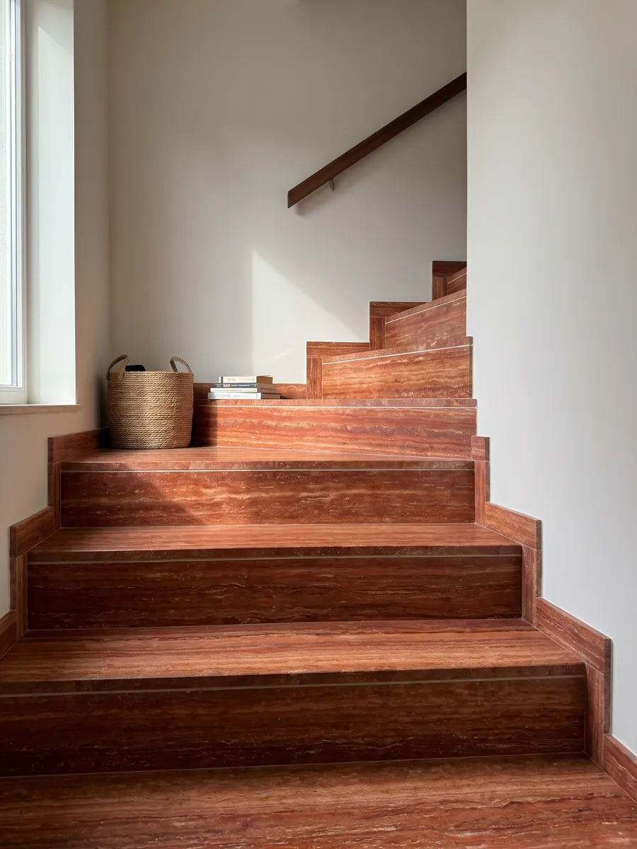 Escalera interior con peldaños de Travertino Rojo con pasamanos: rojo anaranjado intenso en franjas horizontales con líneas crema finas