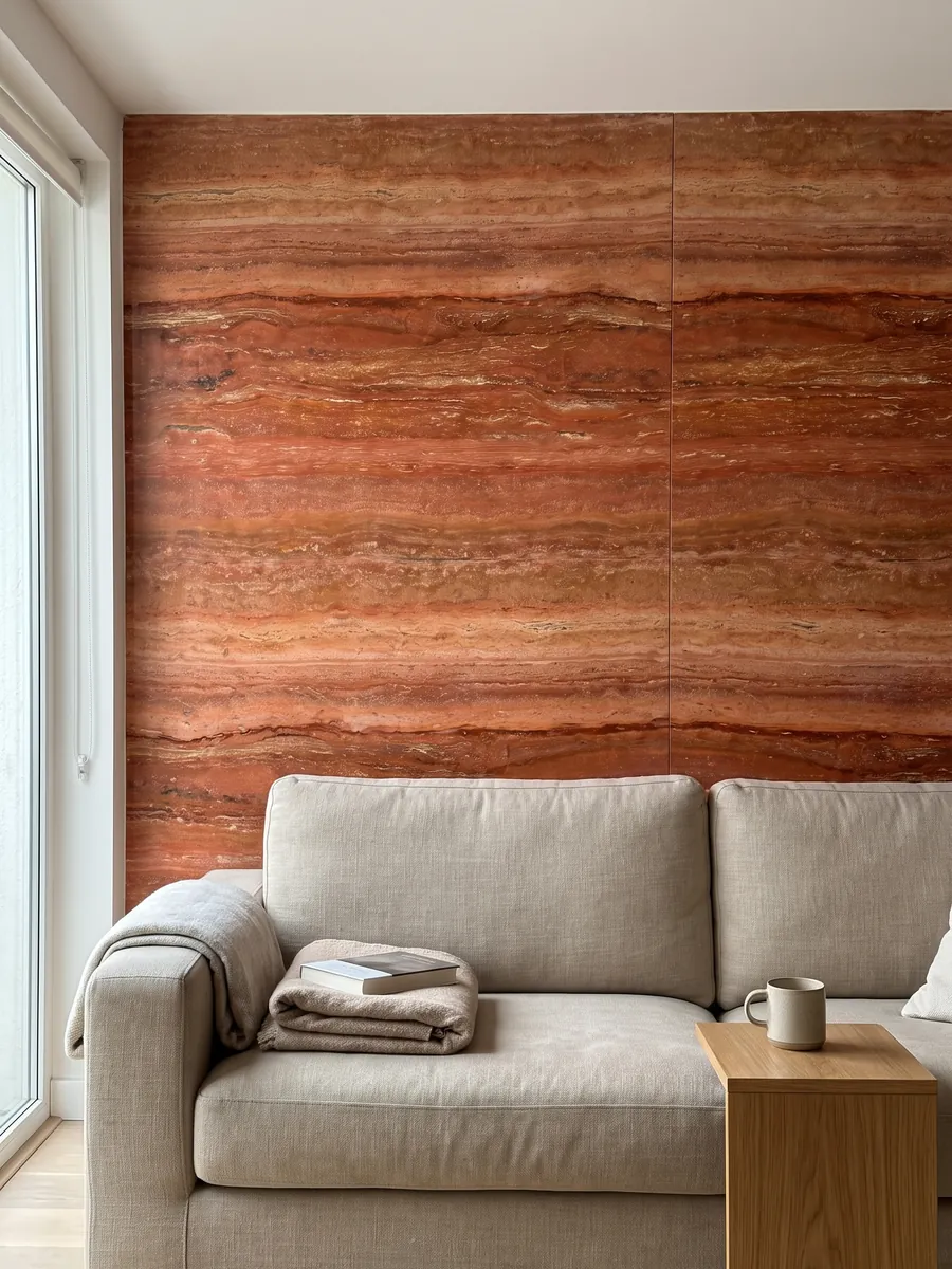 Pared de sala revestida con placas de Travertino Rojo abiertas en libro detrás de un sofá: rojo anaranjado intenso en franjas horizontales con líneas crema finas