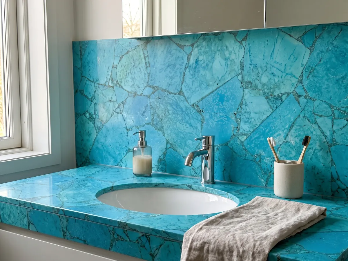 Cubierta de lavabo y pared de baño en Turquesa con lavamanos blanco y grifería cromada: turquesa luminoso en piezas grandes con juntas finas