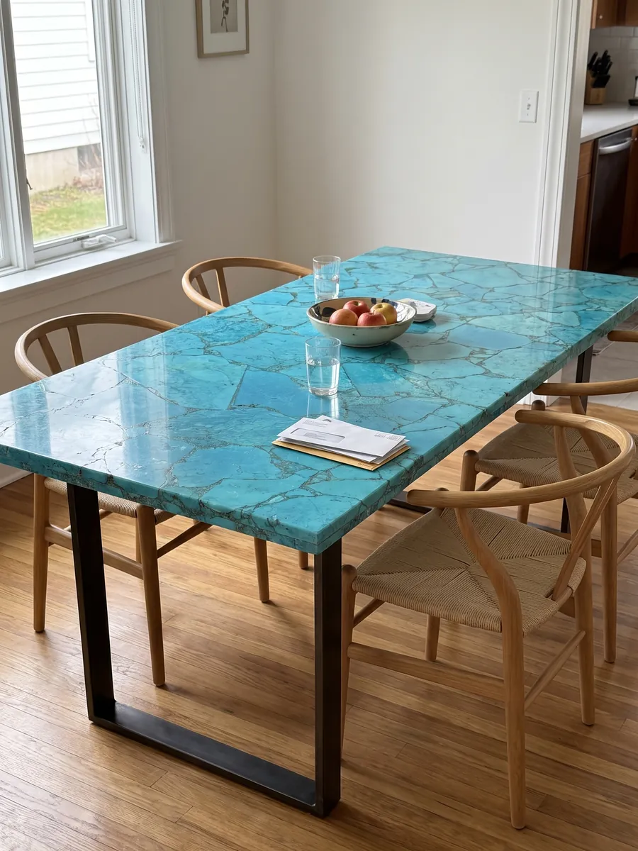 Mesa de comedor con cubierta de Turquesa sobre base de acero: turquesa luminoso en piezas grandes con juntas finas