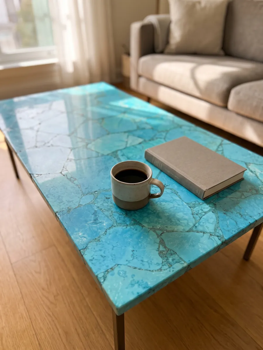 Mesa de centro con cubierta de Turquesa en una sala: turquesa luminoso en piezas grandes con juntas finas