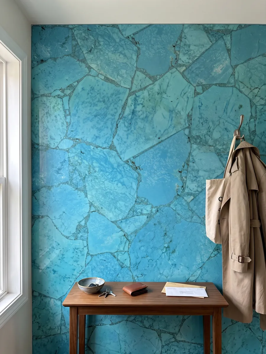 Pared de recibidor revestida con Turquesa con consola estrecha: turquesa luminoso en piezas grandes con juntas finas
