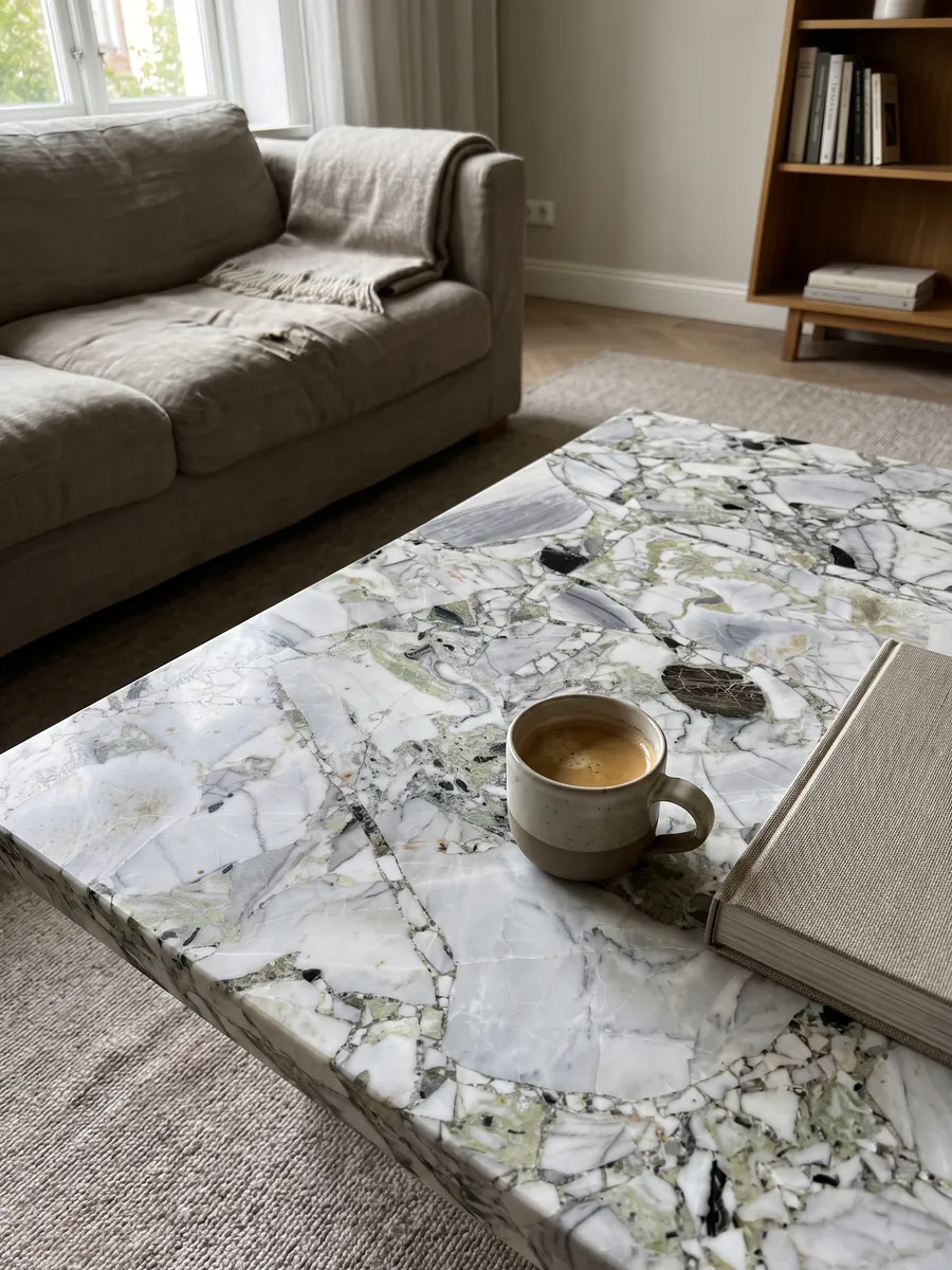 Mesa de centro con cubierta de White Beauty en una sala: fragmentos blancos y grises unidos por zonas verde claro, con piezas negras sueltas