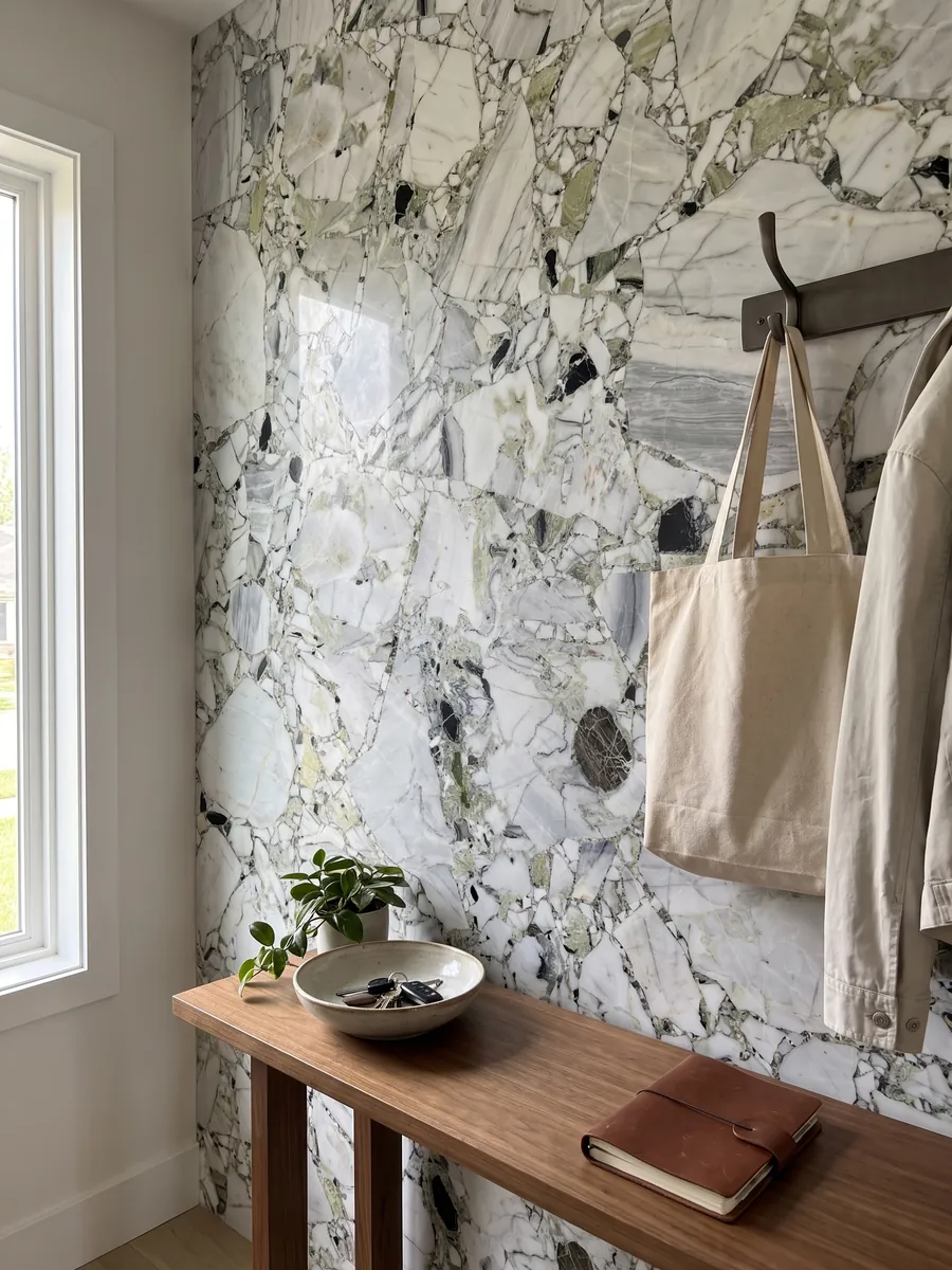 Pared de recibidor revestida con White Beauty con consola estrecha: fragmentos blancos y grises unidos por zonas verde claro, con piezas negras sueltas