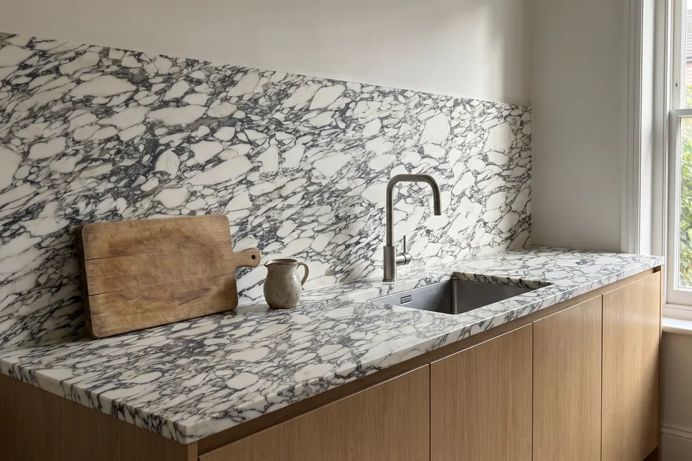 Cocina con cubierta y pared de mármol Arabescato Corchia