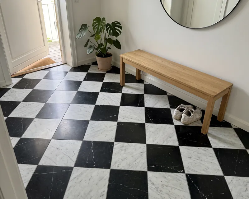 Recibidor con piso en damero de mármol Carrara y Negro Marquina