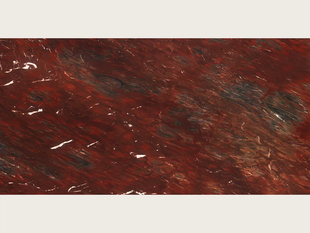 Placa de cuarcita roja Napoleon Bordeaux: rojo burdeos con zonas oscuras difusas y trazos blancos