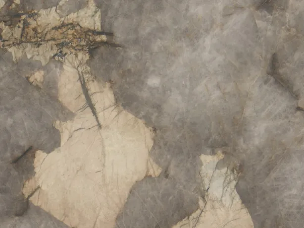 Detalle de la Cuarcita Patagonia: parches beige crema y gris nublado con líneas oscuras finas