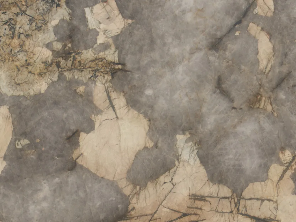 Placa de cuarcita gris Patagonia: parches beige crema irregulares sobre un gris translúcido con líneas oscuras finas