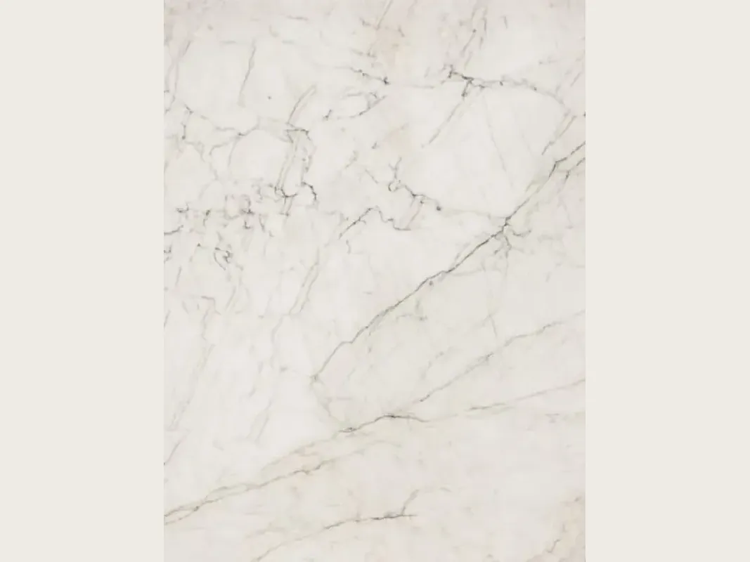 Placa de cuarcita blanca Tahiti: fondo blanco cálido con una red de vetas finas gris y negro