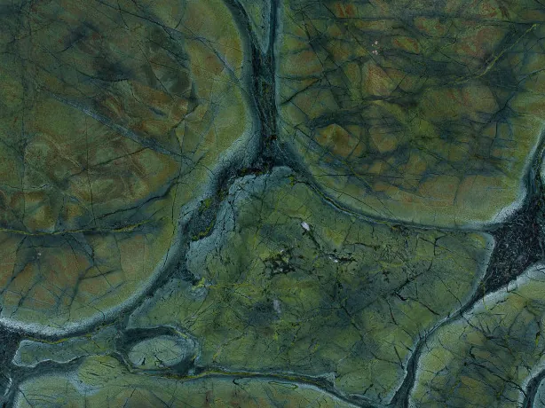 Detalle de la cuarcita verde Victoria Regia: contornos azul petróleo que enmarcan cada celda verde