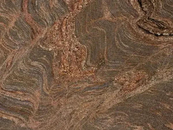 Placa de Granito Juparana Dourado: marrón ocre con ondas y remolinos rojizos y oscuros