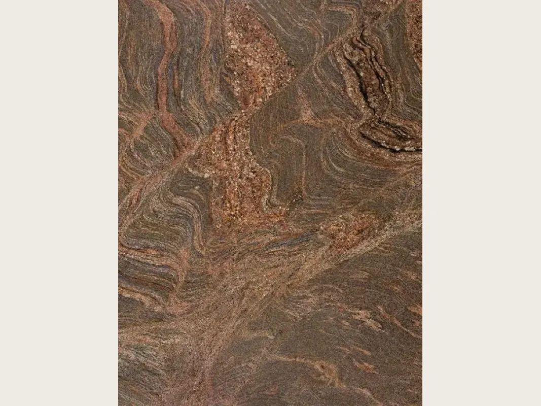 Placa de granito café Juparana Dourado: marrón ocre con ondas y remolinos rojizos y oscuros